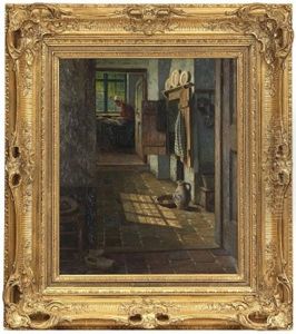 Interior Med Handarbetande Kvinna Vid Fonster by Henrik Nordenberg