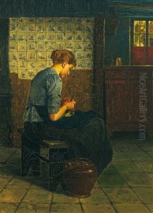 Sitzende Junge Frau In Hollandischer Kuche by Henrik Nordenberg