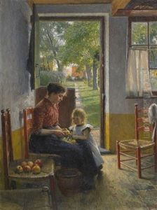 Interieurszene. Mutter Mit Kind Beim Apfel Schalen Interieurszene. Mutter Mit Kind Beim Apfel Schalen