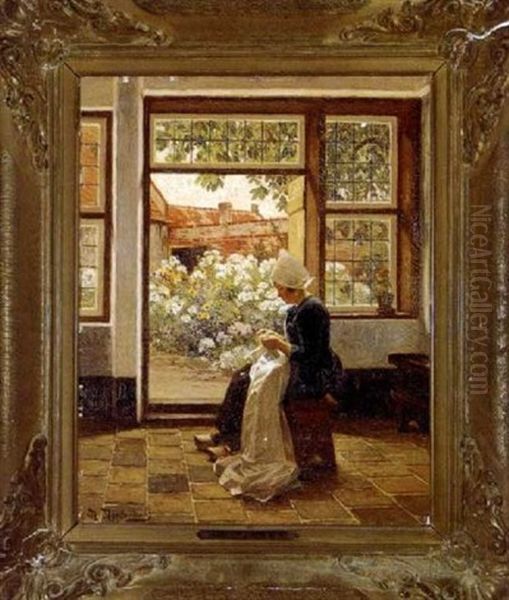Woman Sweing By The Garden Door - view 1
