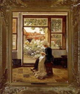 Woman Sweing By The Garden Door