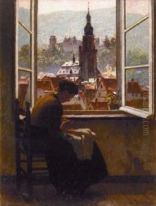 A Woman Sewing By A Window With A Church Beyond by Henrik Nordenberg