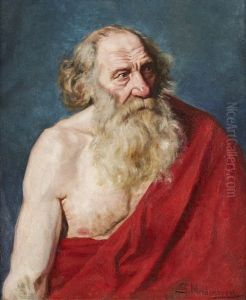 Sittande Aldre Man I Rod Drapering by Georg Nordensvan