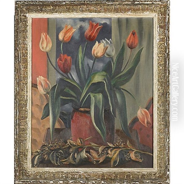 Tulips In Red Jar - view 1