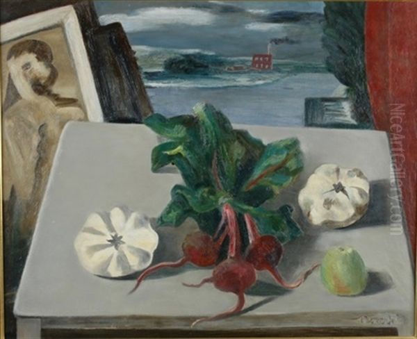 Still Life With Beets, Squash And Apple With View Of A Factory - view 1