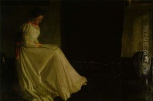 A Lady In A White Dress Reading A Book In An Interior by Bror Julius Olsson Nordfeldt