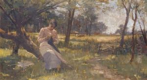 Young Girl Sewing Beneath A Tree by Anna Nordgren
