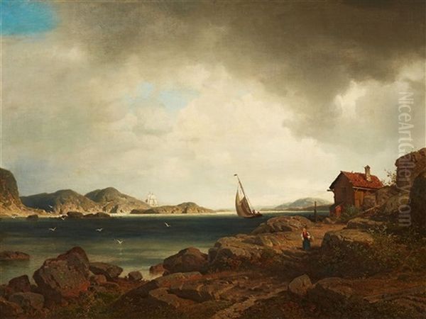 Scandinavian Coastal Landscape With Sailing Ships - view 1
