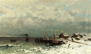 Fishing Port In Winter With Steamboat