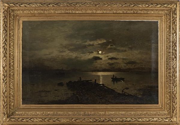 Manbelyst Kustlandskap Med Angfartyg Och Fiskare I Roddbat (mojligen Vid Arild) - view 1