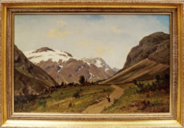 Figure In An Alpine Landscape With A Village In The Distance - view 1