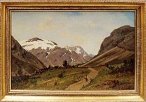 Figure In An Alpine Landscape With A Village In The Distance by Axel Wilhelm Nordgren