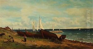 Coastal Scene With Boats On The Beach by Axel Wilhelm Nordgren
