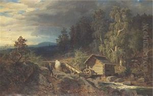 Landskap Med Vattenkvarn Och Fiskare Landskap Med Vattenkvarn Och Fiskare