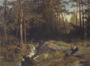 Waldlandschaft Mit Wasserlauf Und Figurlicher Staffage