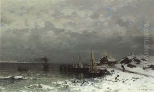 Kleiner Fischerhafen An Verschneiter Skandinavischer Kuste