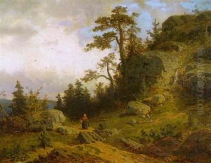 Gebirgslandschaft Mit Pilzsammlerin Am Quellbach