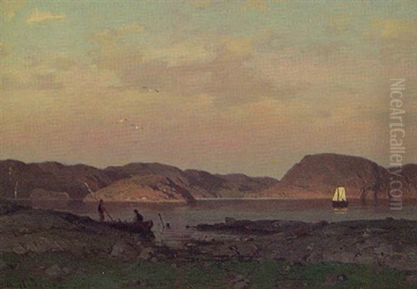 Klippig Skargard Med Fiskare Och Segelbat - view 1