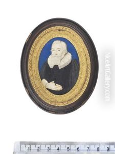 John Harrison Senior (1552-1628), Against A Blue Background, Wearing Black Cloak, White Pleated Ruff, White Cuff, Gold And Ruby Ring, His Right Hand Raised To His Chest