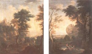 Italianate River Landscape With Travellers On A Drove Road And A Castle On A Hilltop by James Norie