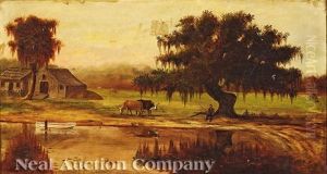Louisiana Landscape With Cabin, Barn, Cattle And Fisherman