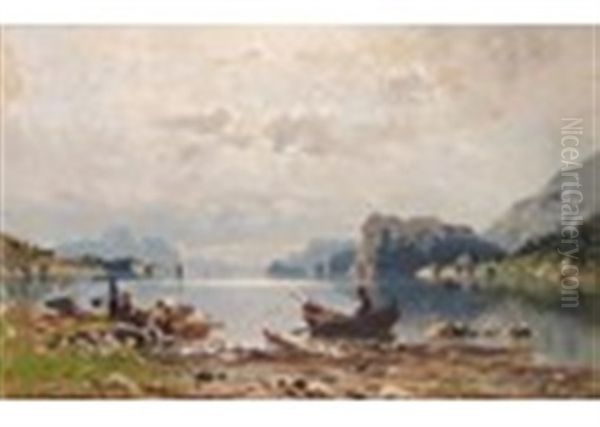 Figure In A Rowing Boat On The Shore Of A Fjord - view 1