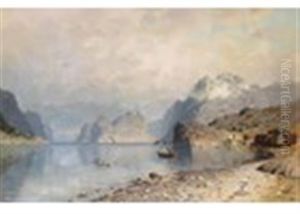 View Of A Norwegian Fjord With A Village On The Shore by Adelsteen Normann
