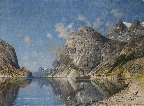 Fjordlandskap Med Dampbat - view 1