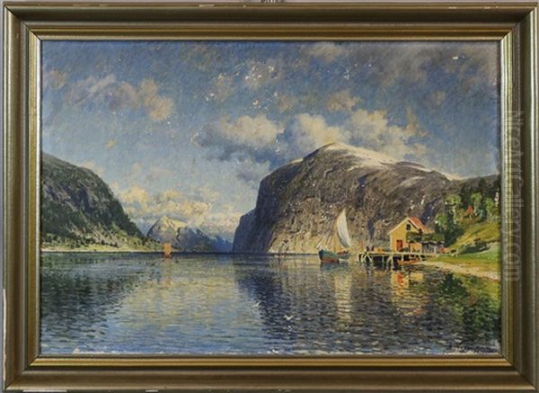 Fjordlandschaft Mit Booten Und Kleiner Hutte Am Ufer - view 1