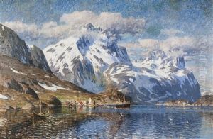 Fishing Village In Lofoten With People And Steamboat