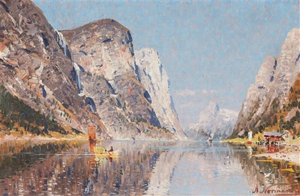 Fjordlandschaft Mit Dampfschiff, Segel- Und Ruderboot - view 1
