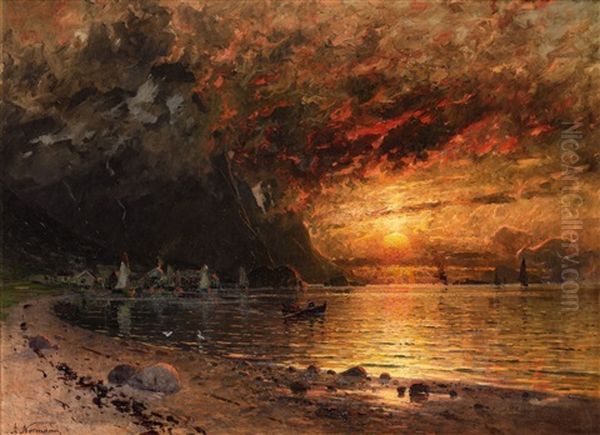 Fjord Landscape With Midnight Sun - view 1