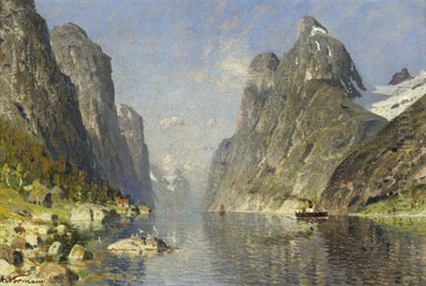 Fjordlandschaft Mit Kleinem Dampfer - view 1