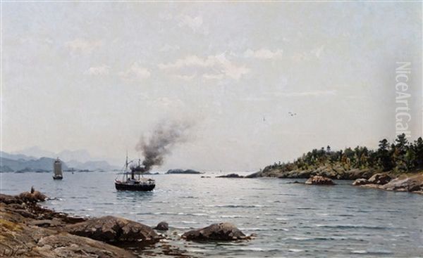 Dampbat Og Seilskuter I Kystlandskap - view 1