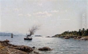 Dampbat Og Seilskuter I Kystlandskap by Adelsteen Normann
