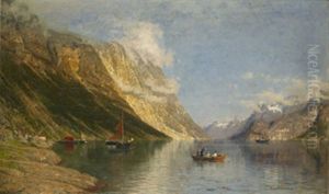 Nya Passagerare - Norskt Fjordlandskap Med Batar Och Figurer by Adelsteen Normann