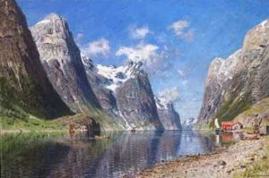 Fjordlandskap Med Hus Og Bater by Adelsteen Normann