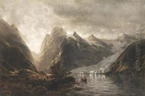 Sonnenwendfest Auf Den Lofoten. Zahlreiche Personen Bei Einem Segelschiff Vor Einer Gletscherzunge