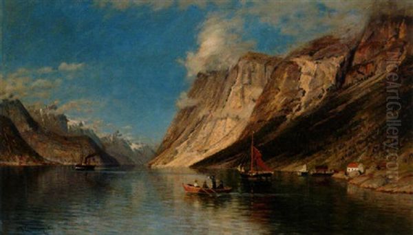 Fjordlandskap Med Angbat Och Sallskap I Roddbat - view 1
