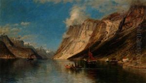Fjordlandskap Med Angbat Och Sallskap I Roddbat by Adelsteen Normann