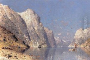 Norsk Fjordparti Med Dampskib Og Robad by Adelsteen Normann