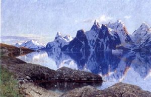 Fjordparti Med Skib, I Baggrunden Sneklaedte Bjerge by Adelsteen Normann