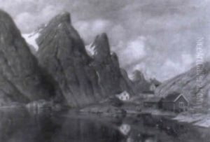 Fjordlandschaft Mit Fischerhutten Rechts Am Ufer by Adelsteen Normann