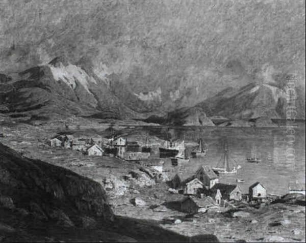 Bootsstaffierte Norwegische Fjord-landschaft Unter Rot      Gluhendem Himmel - view 1
