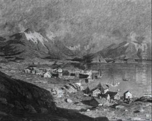 Bootsstaffierte Norwegische Fjord-landschaft Unter Rot Gluhendem Himmel by Adelsteen Normann
