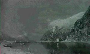 Norwegischer Fjord Im Sonnenlicht, Mit Booten Auf Dem Wassernahe Einer Ortschaft Am Ufer Links Norwegischer Fjord Im Sonnenlicht, Mit Booten Auf Dem Wassernahe Einer Ortschaft Am Ufer Links