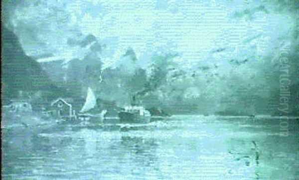 A Steamer On A Fjord At Sunset - view 1