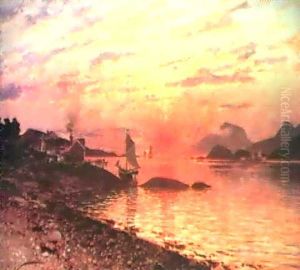 Fjordmotiv Med Hus Och Batar Isolnedgangen by Adelsteen Normann