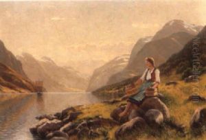 Norsk Fjordparti Med Ung Malkepige by Emil Vilhelm Normann