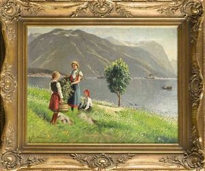 Zwei Madchen Und Ein Junge Am Ufer Eines Norwegischen Fjordes by Emma Normann